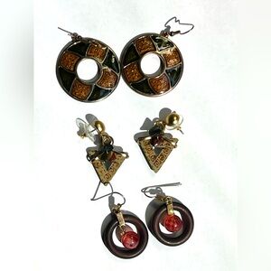 Three Pairs of Wood and Metal Boho Style Earrings